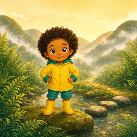 Cover art: a child in a yellow raincoat stands on a mossy stone by a misty stream