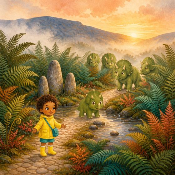 Illustrated page: the same child waves as the triceratops rejoins its herd at sunset