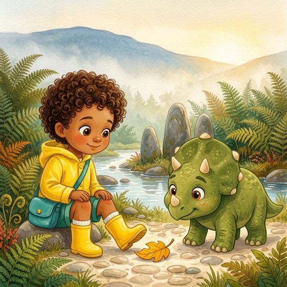Illustrated page: the same child sits by a stream while a small green triceratops looks on