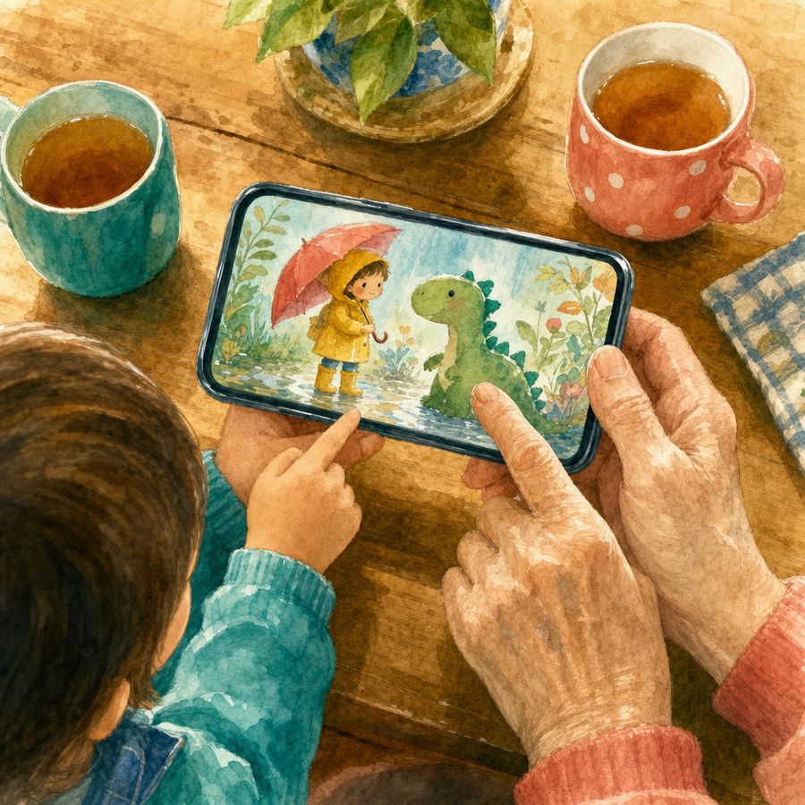 Watercolor illustration: a child's hand and a grandparent's hand hold a phone together over a table with two mugs of tea, an illustrated storybook page on the screen