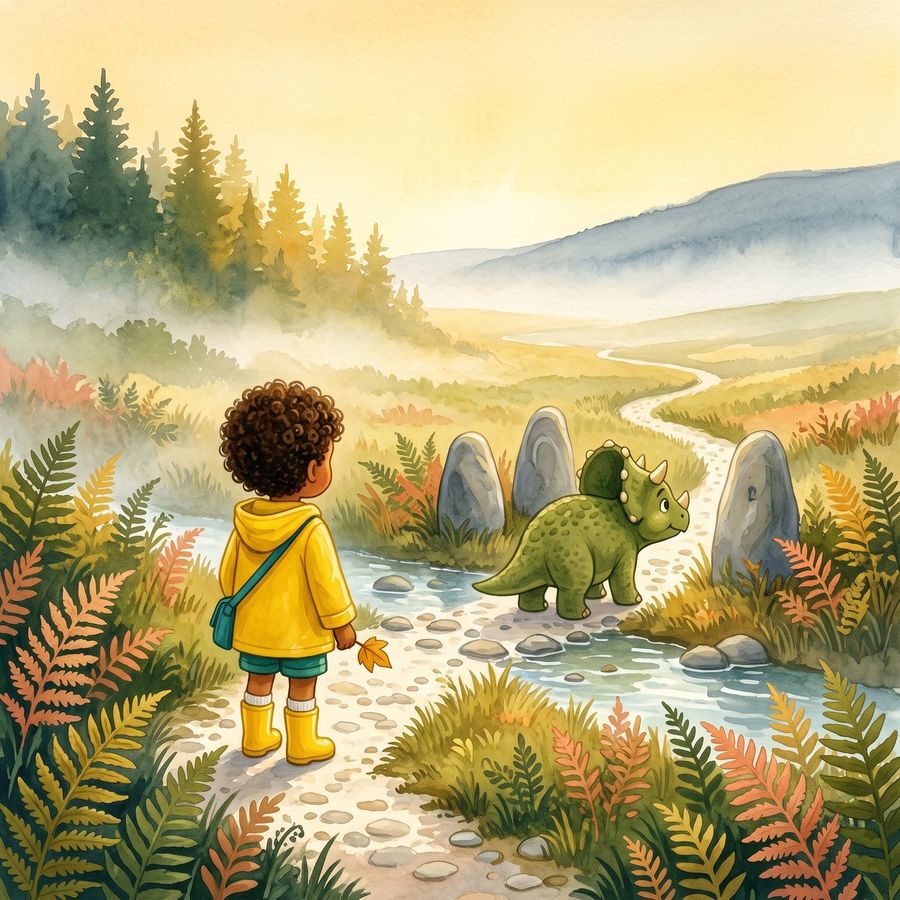 Illustrated story page: a child in a yellow raincoat follows a winding stream toward a small green triceratops