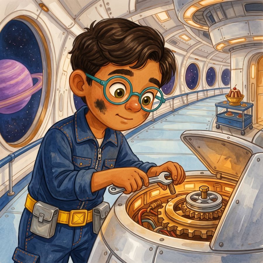 Illustrated story page: a child in a blue jumpsuit repairs a golden machine aboard a spaceship