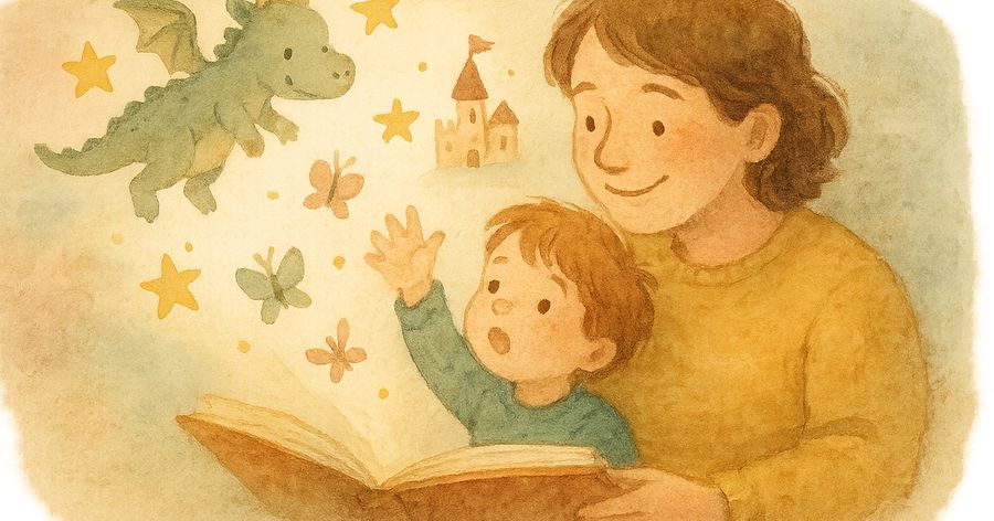 A parent and child reading a picture book together, a friendly dragon and castle drifting off the page