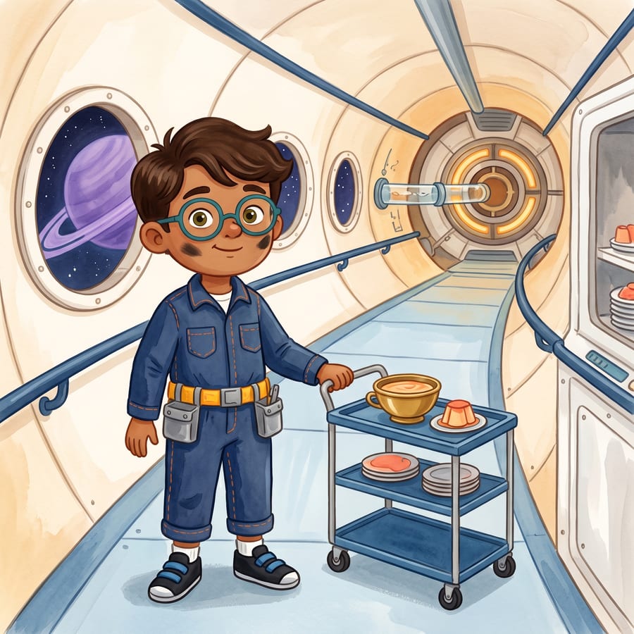 Child engineer tightens screw on tool belt near porthole showing ringed planet — children's book illustration