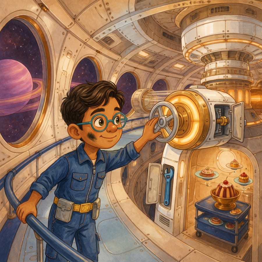 Boy presses glowing amber reset ring as cherry drifts slowly downward — children's book illustration