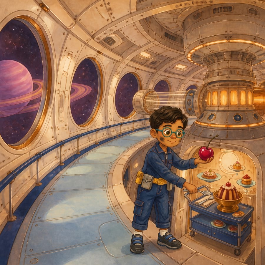 Boy places cherry next to tilted pudding bowl on blue dessert cart — children's book illustration