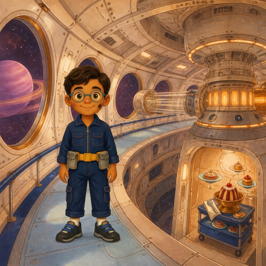 Smiling boy in teal glasses rolls blue dessert cart toward a table — children's book illustration
