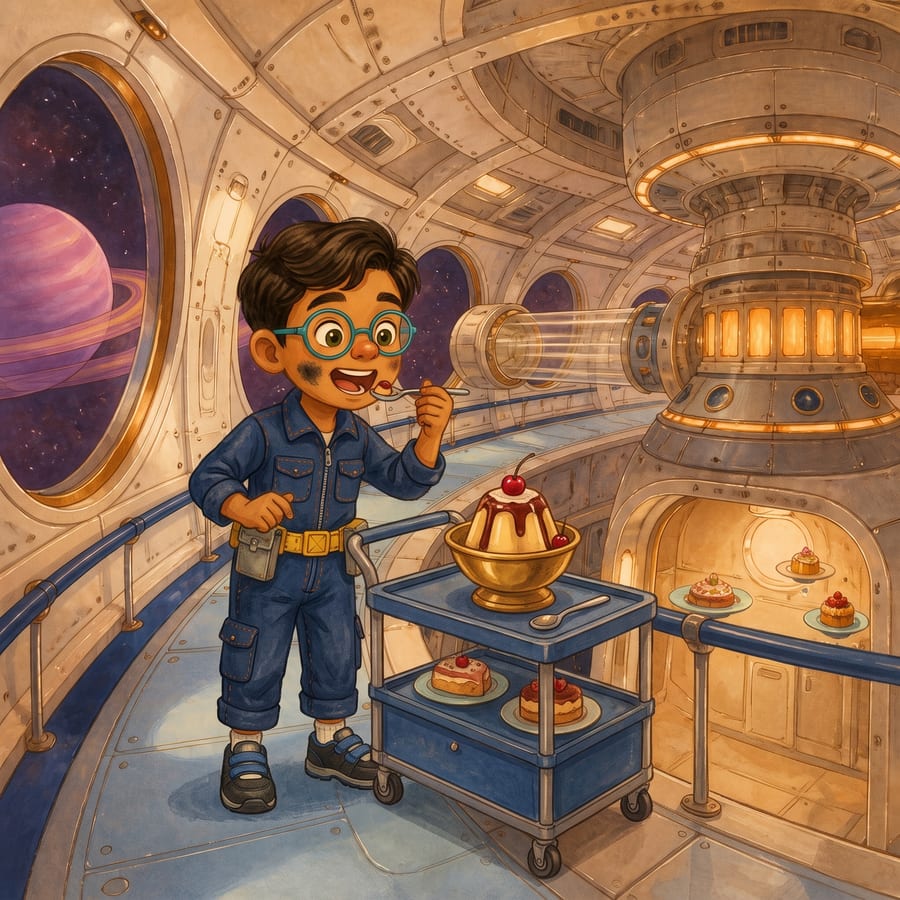 Boy grins with spoon mid-air as generator light flickers one last time — children's book illustration
