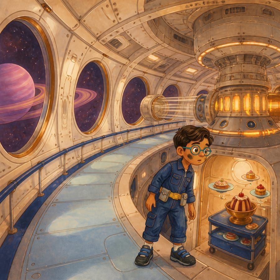 Boy in teal glasses listens as spoon wobbles on dessert cart — children's book illustration