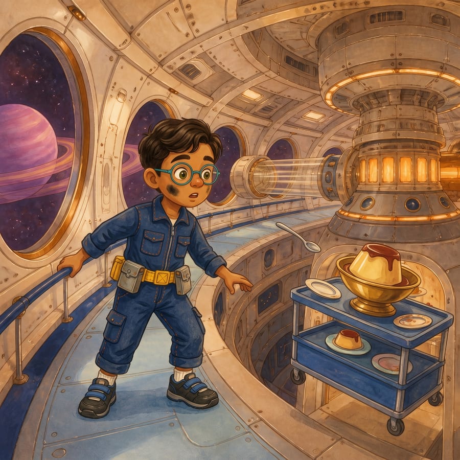Spoon floating above cart while boy grabs handrail, tool belt swinging up — children's book illustration