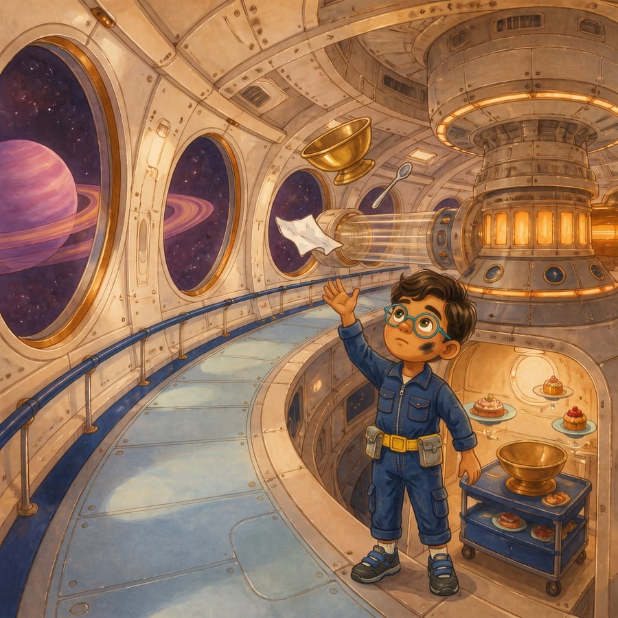 Pudding bowl, spoons, and cherry drifting toward ceiling as boy reaches up — children's book illustration