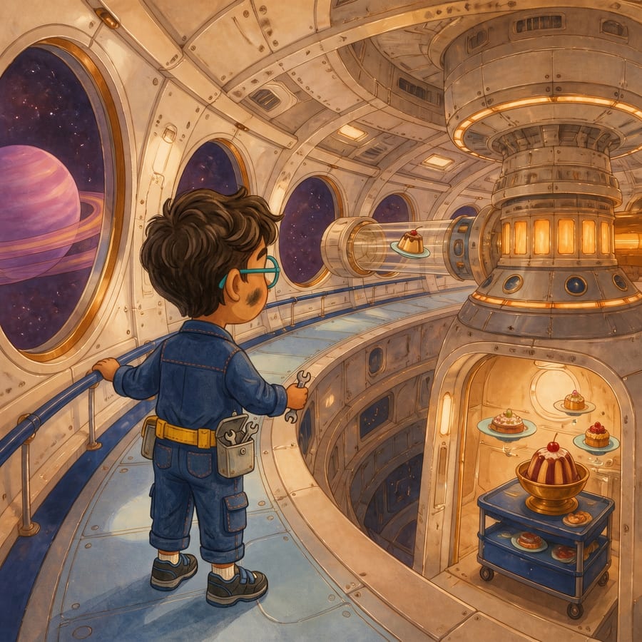 Boy holds wrench while cherry lands squarely on his teal glasses — children's book illustration