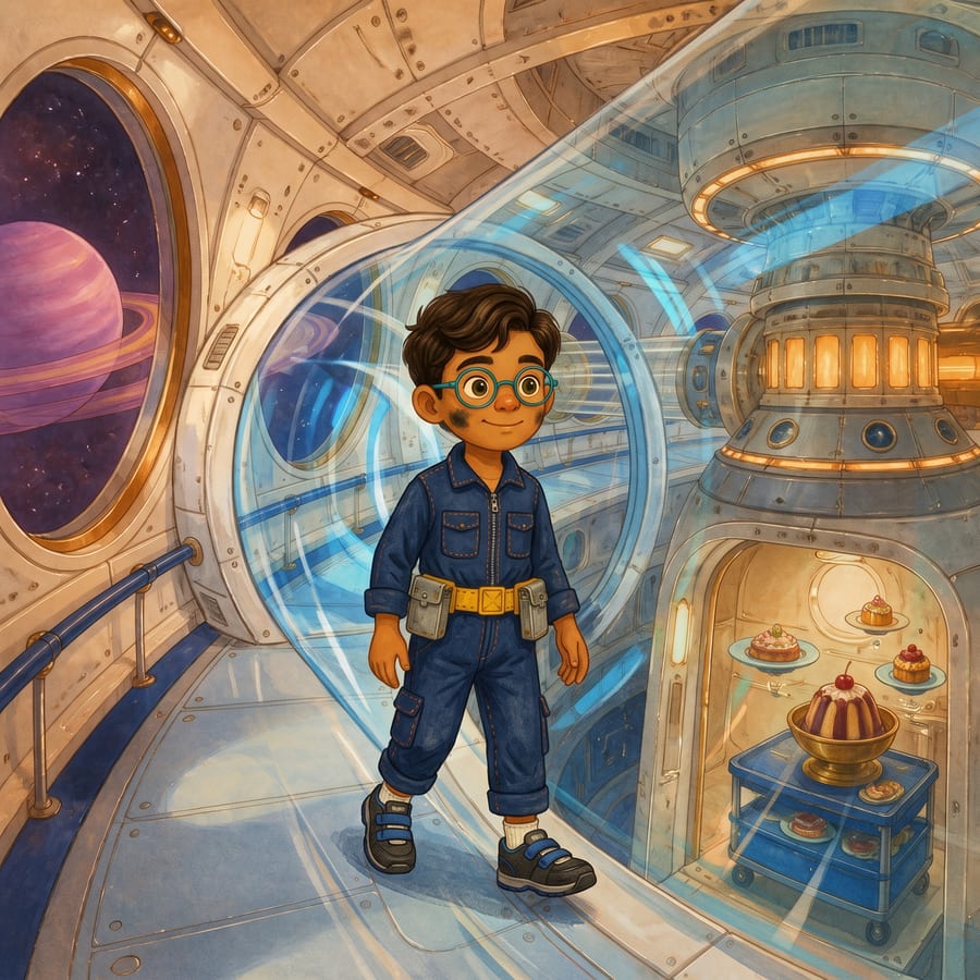 Boy shuffles through clear tube, cherry floating behind him like a moon — children's book illustration