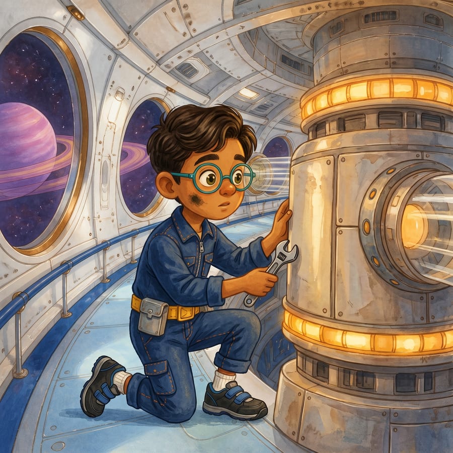 Boy taps glowing amber ring on large round generator panel — children's book illustration