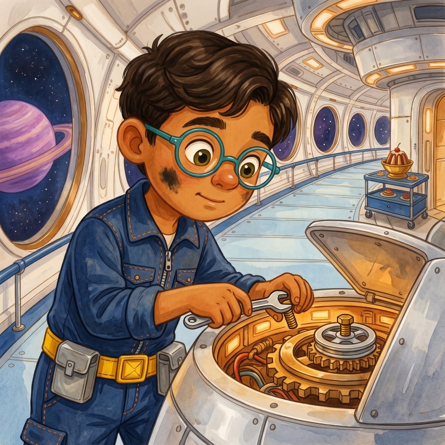 Boy braces sneakers and raises wrench toward a tiny loose brass bolt — children's book illustration