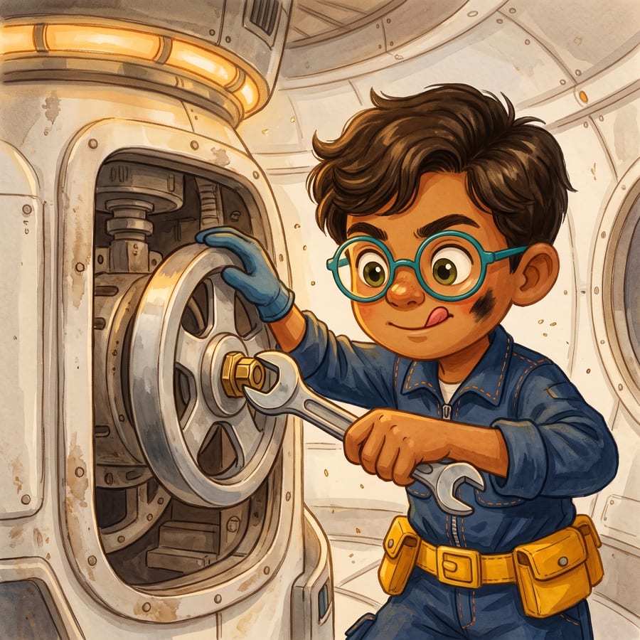 Boy spins in zero gravity, glasses askew, wrench clicking on bolt — children's book illustration