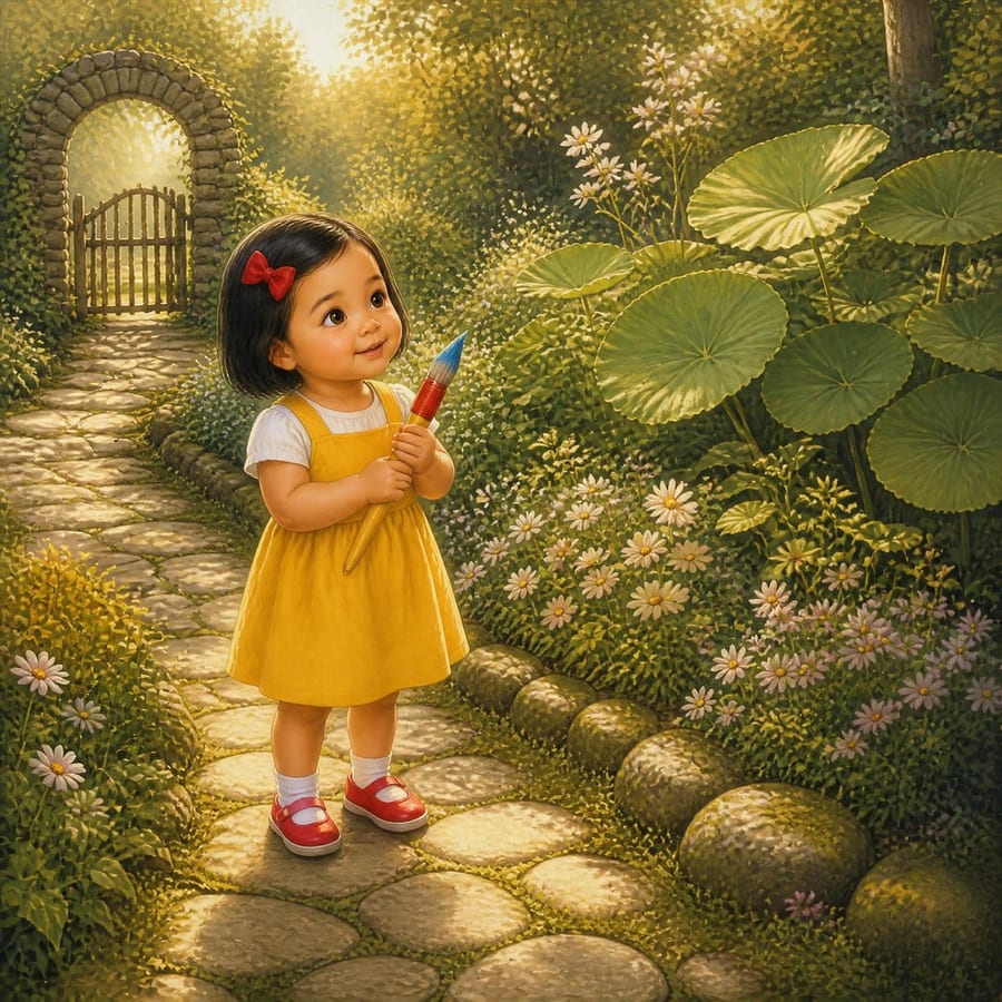 Small girl hugging a paintbrush in a lush fairy garden — children's book illustration