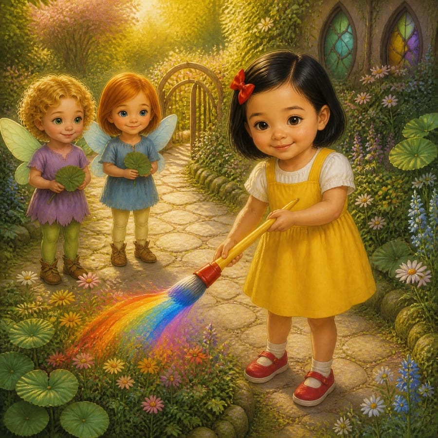 Glowing paintbrush dancing over soft flower petals in rainbow colors — children's book illustration