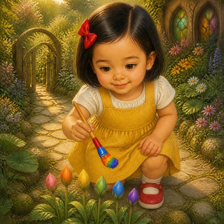 Six rainbow colors swirling together onto a small girl's paintbrush — children's book illustration