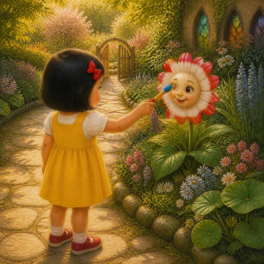 A red flower magically transforming into a princess wearing a petal crown — children's book illustration