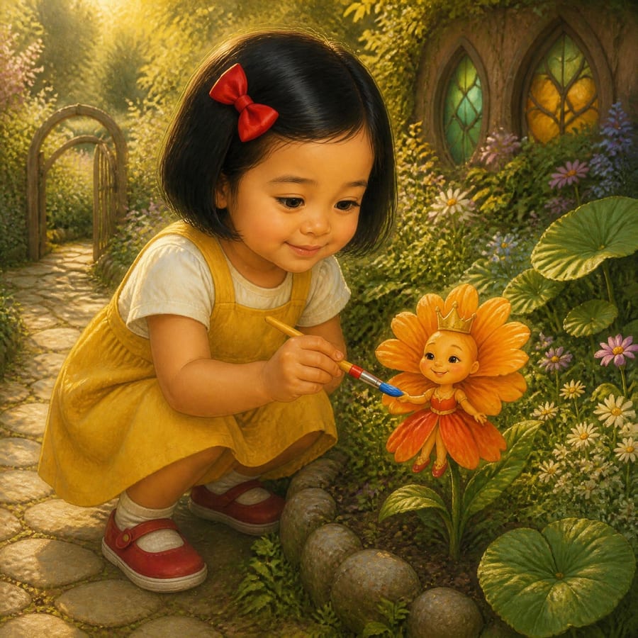 Orange flower princess twirling in a swishy skirt and bright slippers — children's book illustration