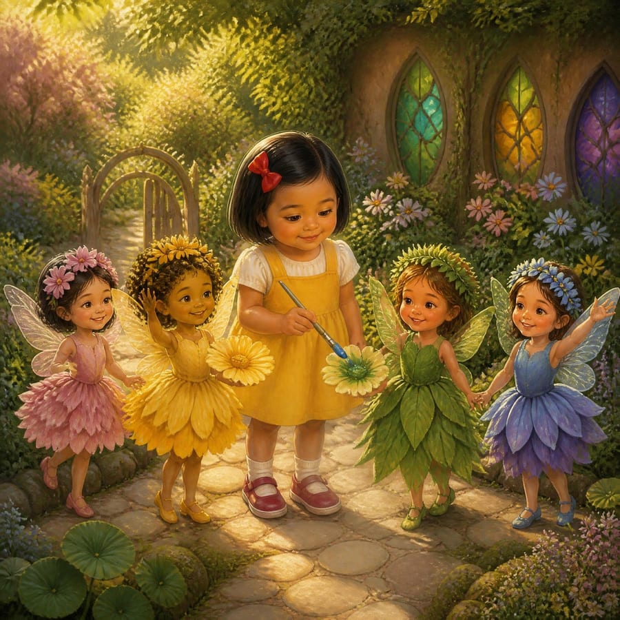 Yellow and green flower princesses wearing leafy gowns and sunny crowns — children's book illustration