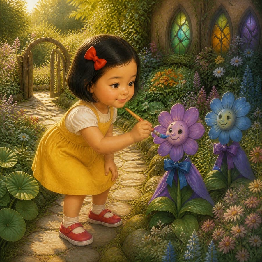 Blue and purple flower princesses wearing ribbons and sparkly capes — children's book illustration