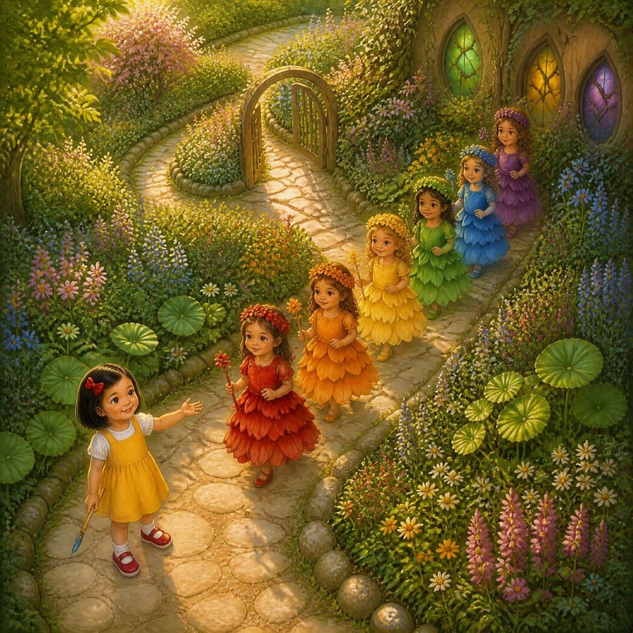 Six rainbow princesses lining up along a colorful garden path — children's book illustration
