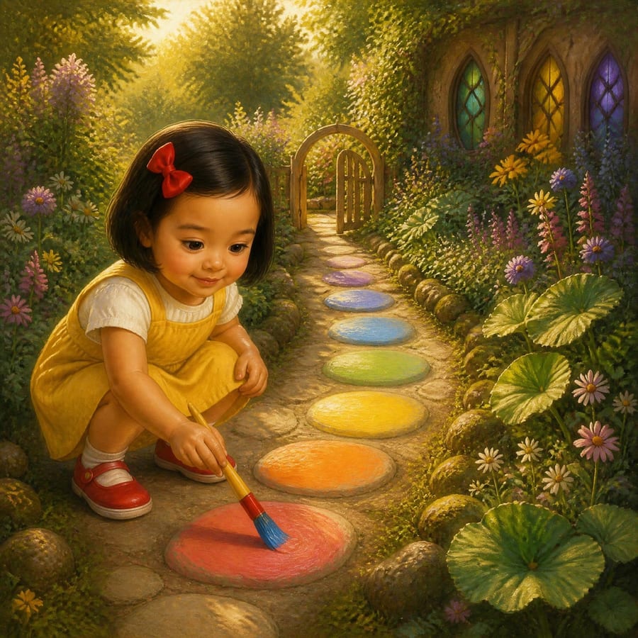 Girl painting bright rainbow stepping-stones over a leaf-covered garden path — children's book illustration