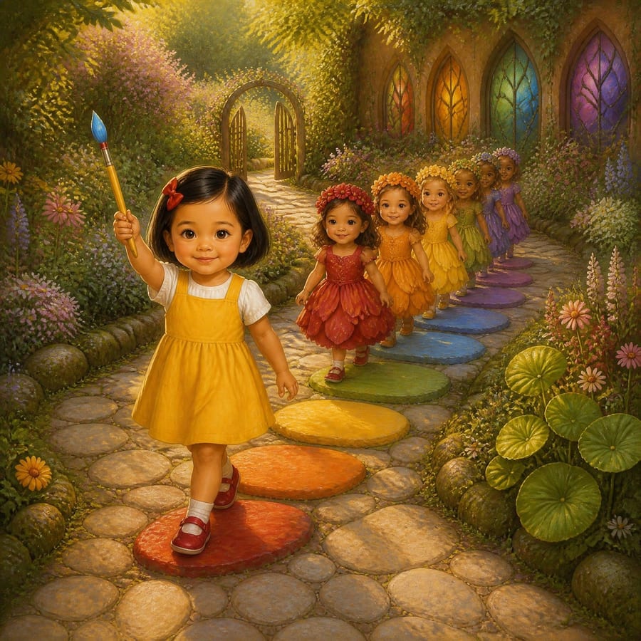 Girl raising her glowing brush as a rainbow princess parade sets off — children's book illustration