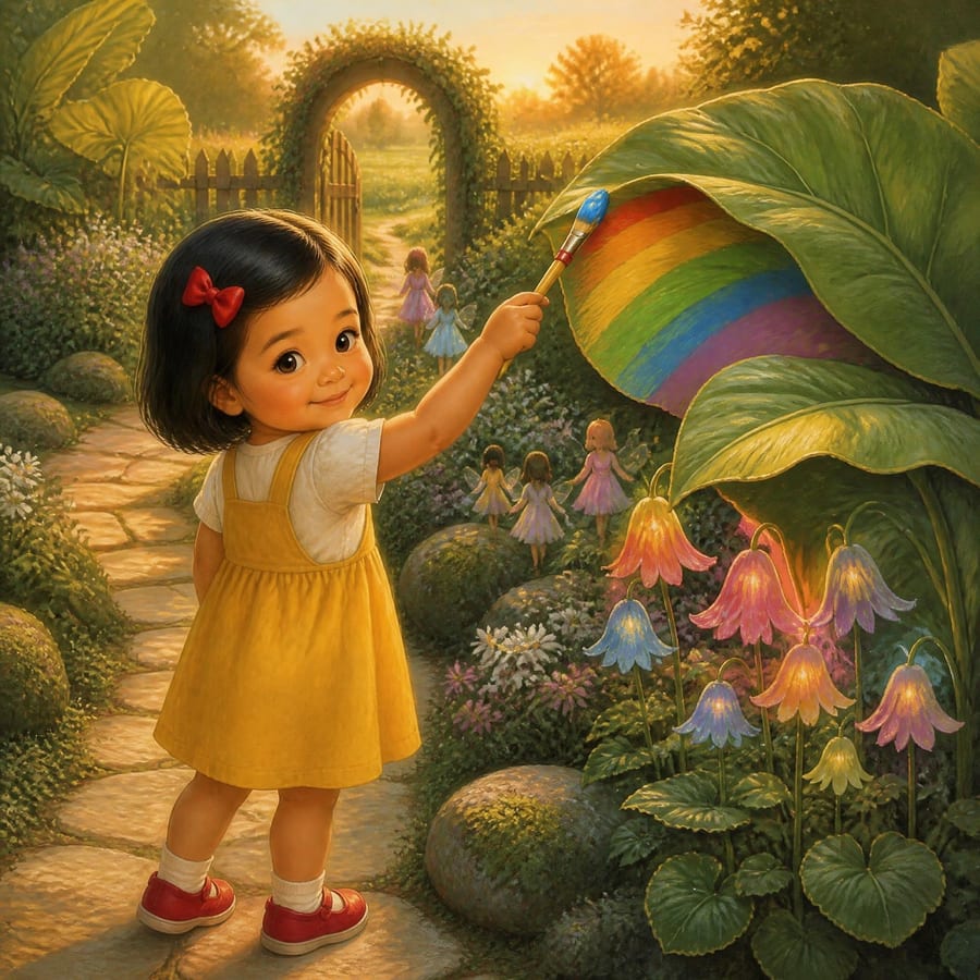 Girl waving as colorful princesses parade past rustling magical leaves — children's book illustration
