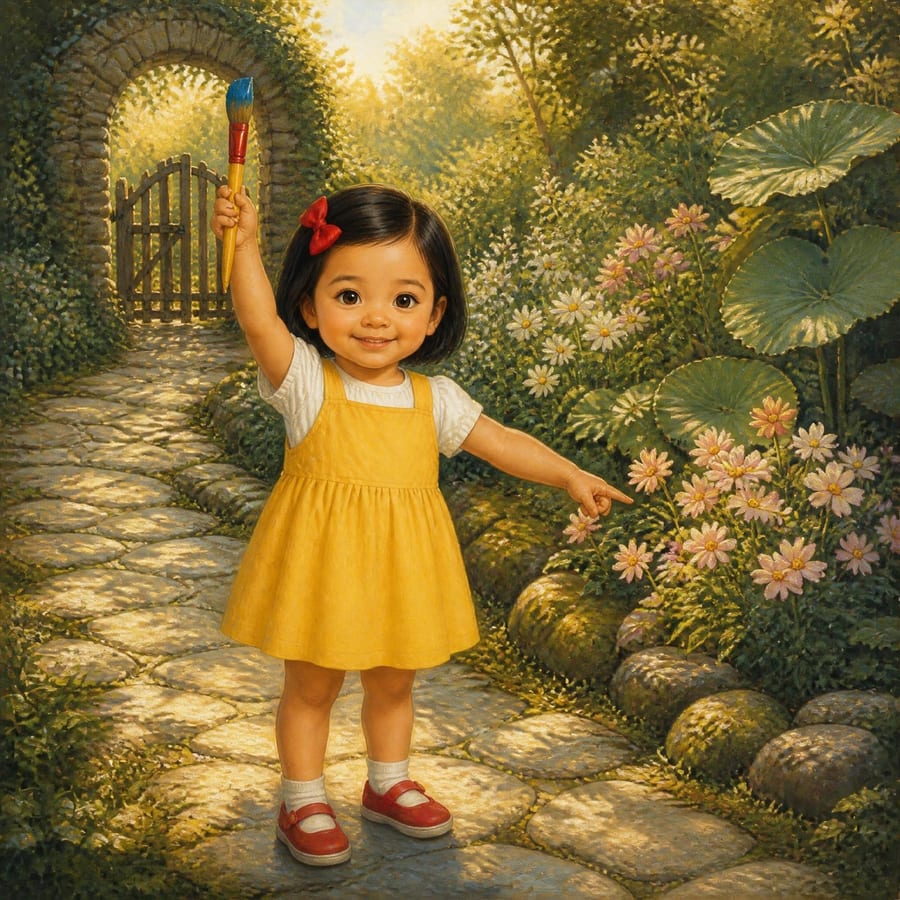 Young girl lifting a paintbrush with a big smile and bright eyes — children's book illustration