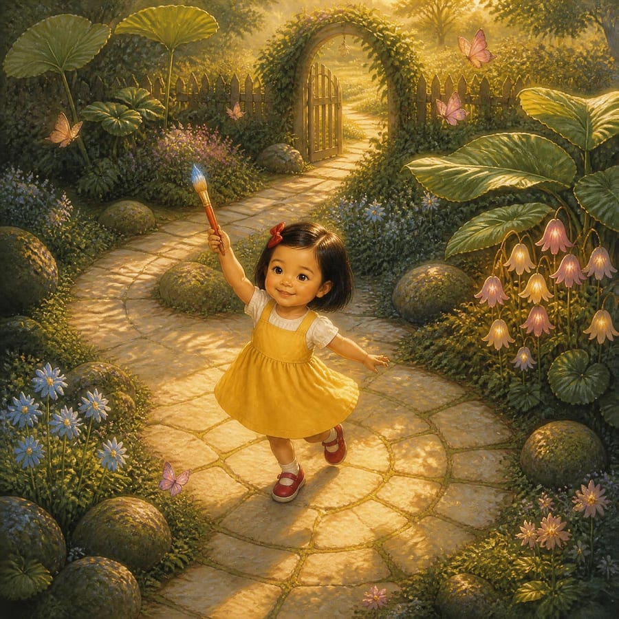 Fairies, butterflies, and flower princesses twirling together in a garden — children's book illustration