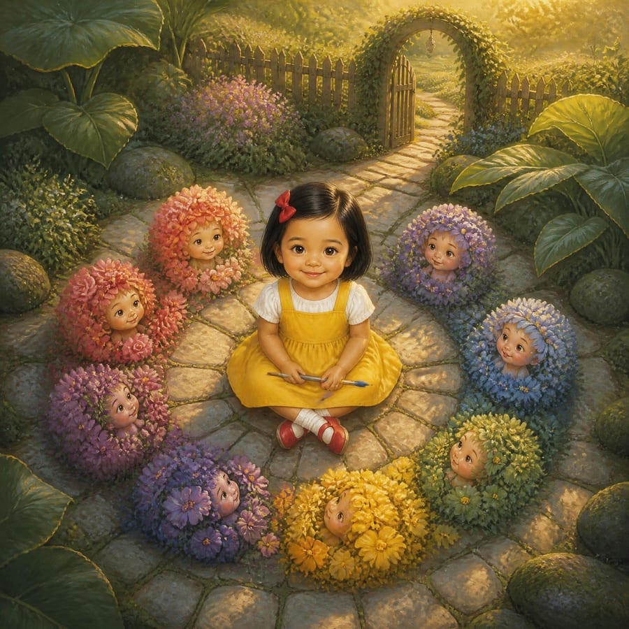 Girl sitting happily among flower princesses, admiring their colorful crowns — children's book illustration