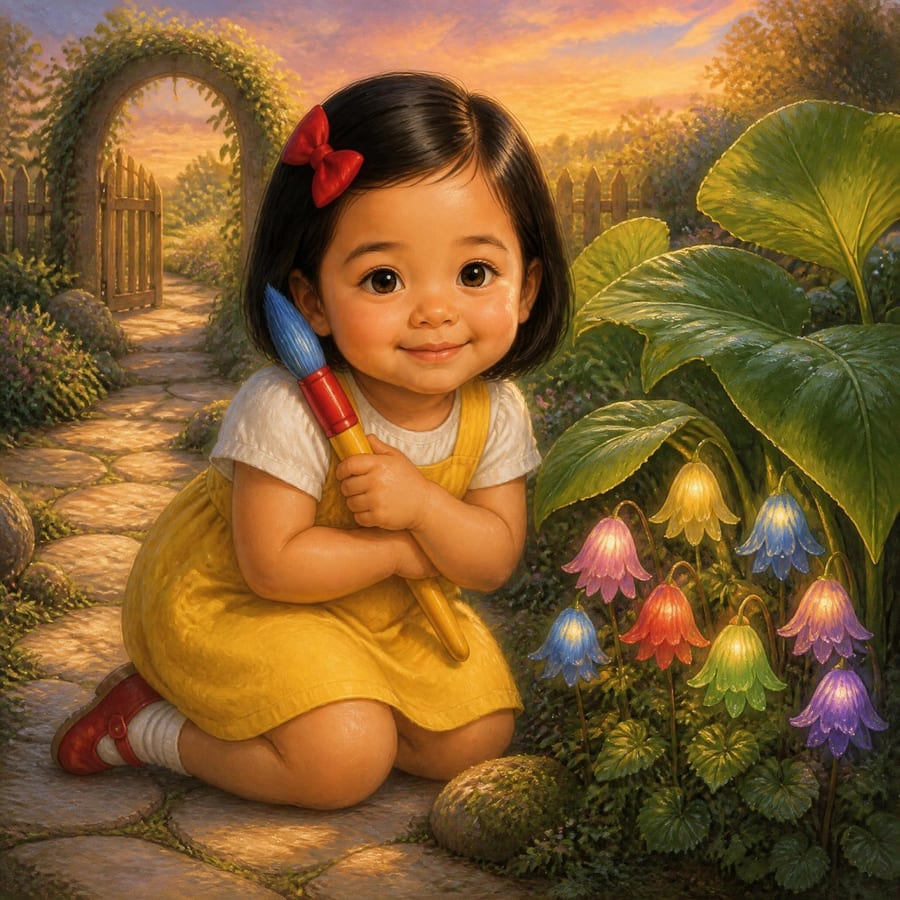 Girl hugging her paintbrush as glowing princesses bow beneath the leaves — children's book illustration