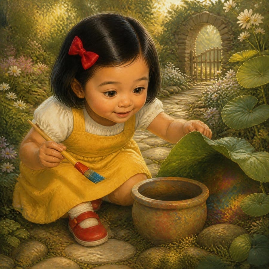 Empty paint pot beside a pile of large magical leaves in a garden — children's book illustration