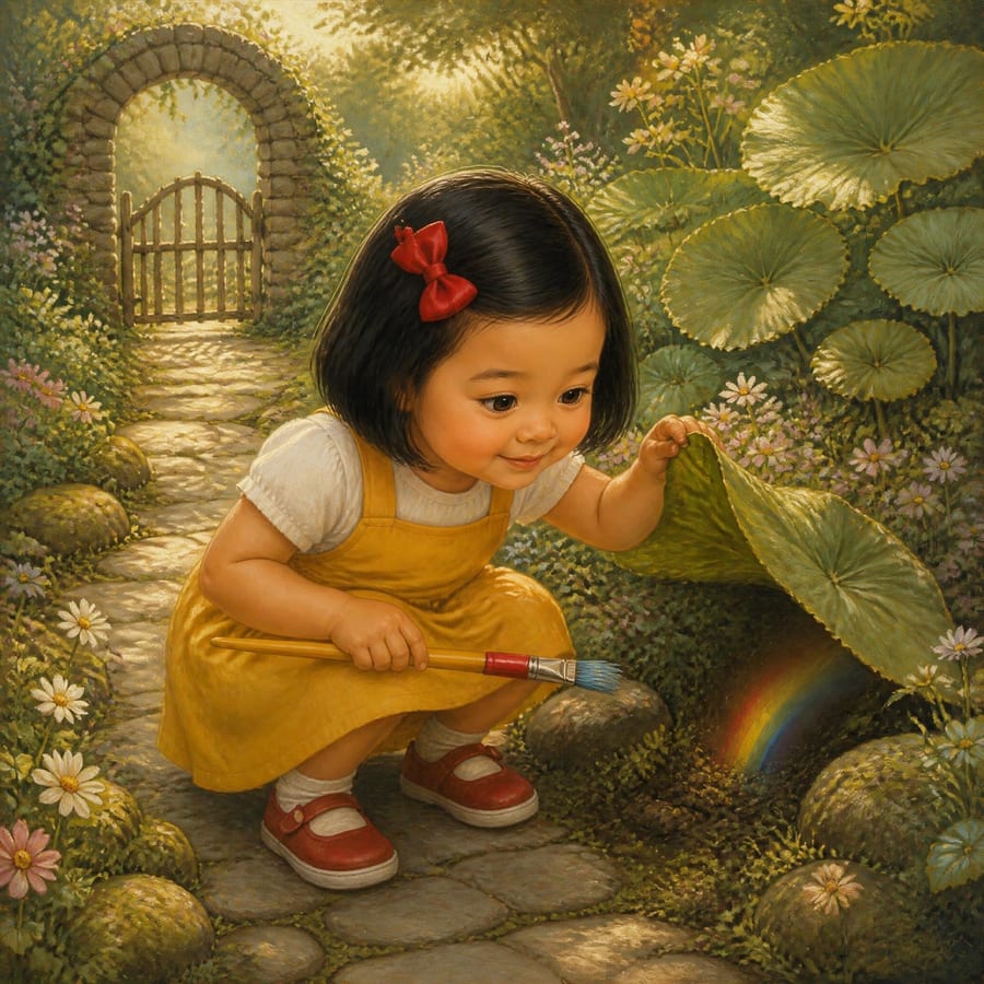 Little girl lifting a giant leaf with both hands, peering beneath it — children's book illustration