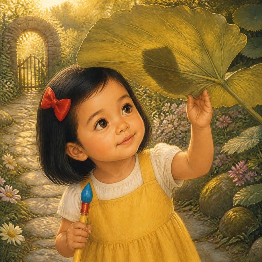 Leaf flopping down onto the ground leaving only a small gray shadow — children's book illustration