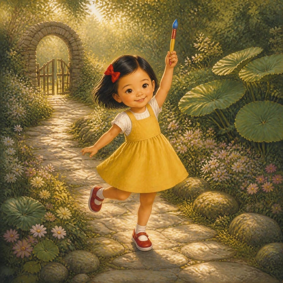 Cheerful girl clapping and spinning while colorful leaves wiggle around her — children's book illustration