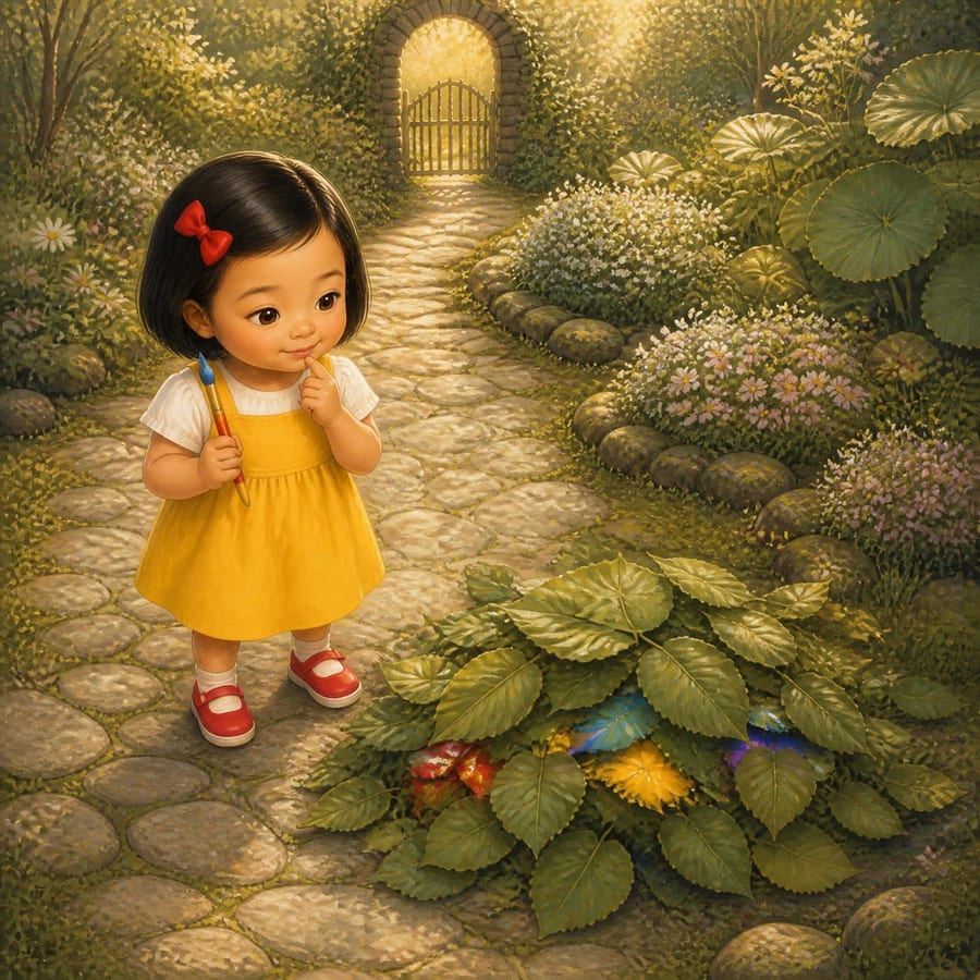 Swirling leaves flashing red, blue, and gold as a girl stands still — children's book illustration