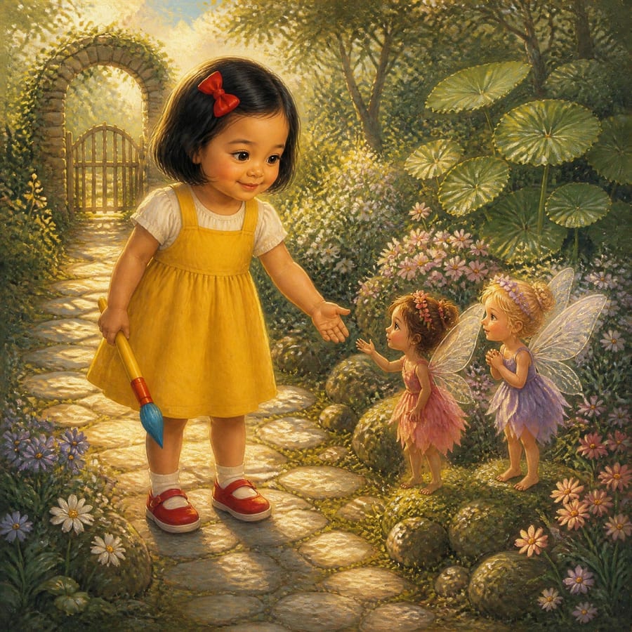 Girl holding a paintbrush up toward two tiny garden fairies — children's book illustration