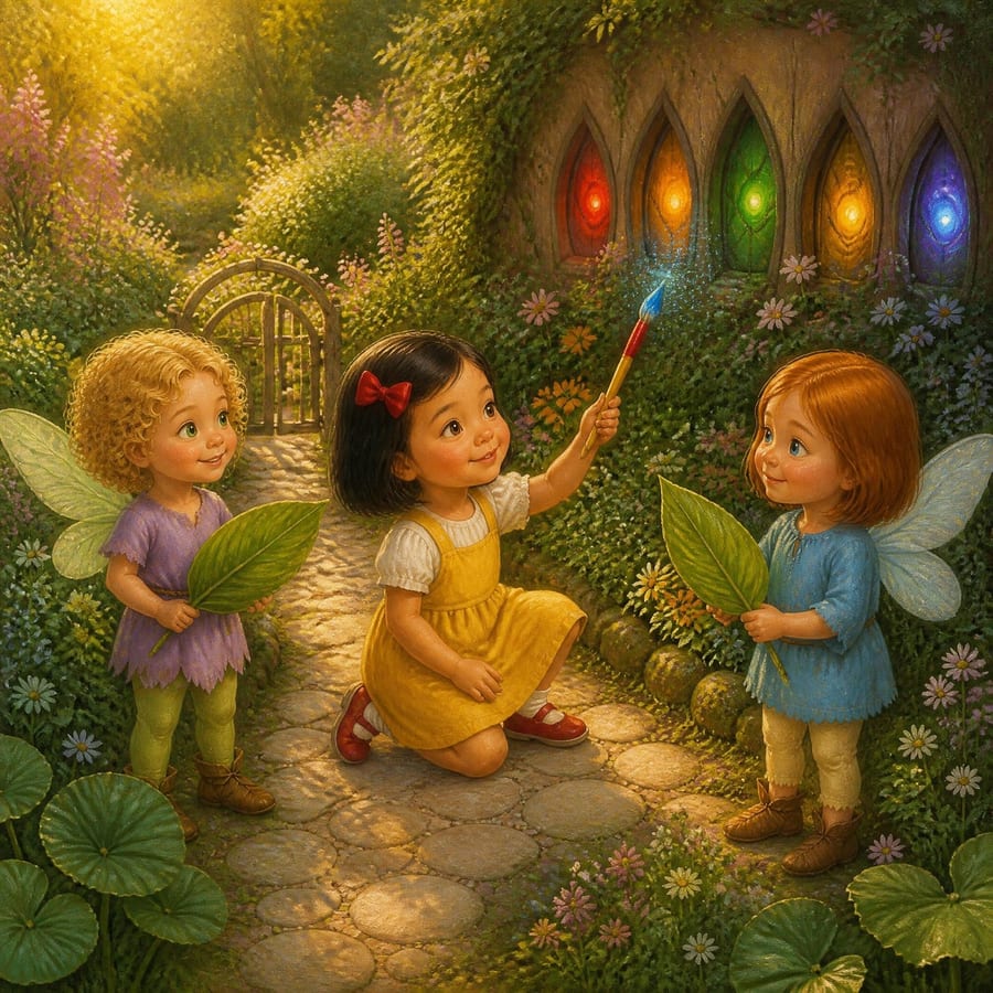 Two fairies lifting leaves to reveal six bright rainbow colors beneath — children's book illustration