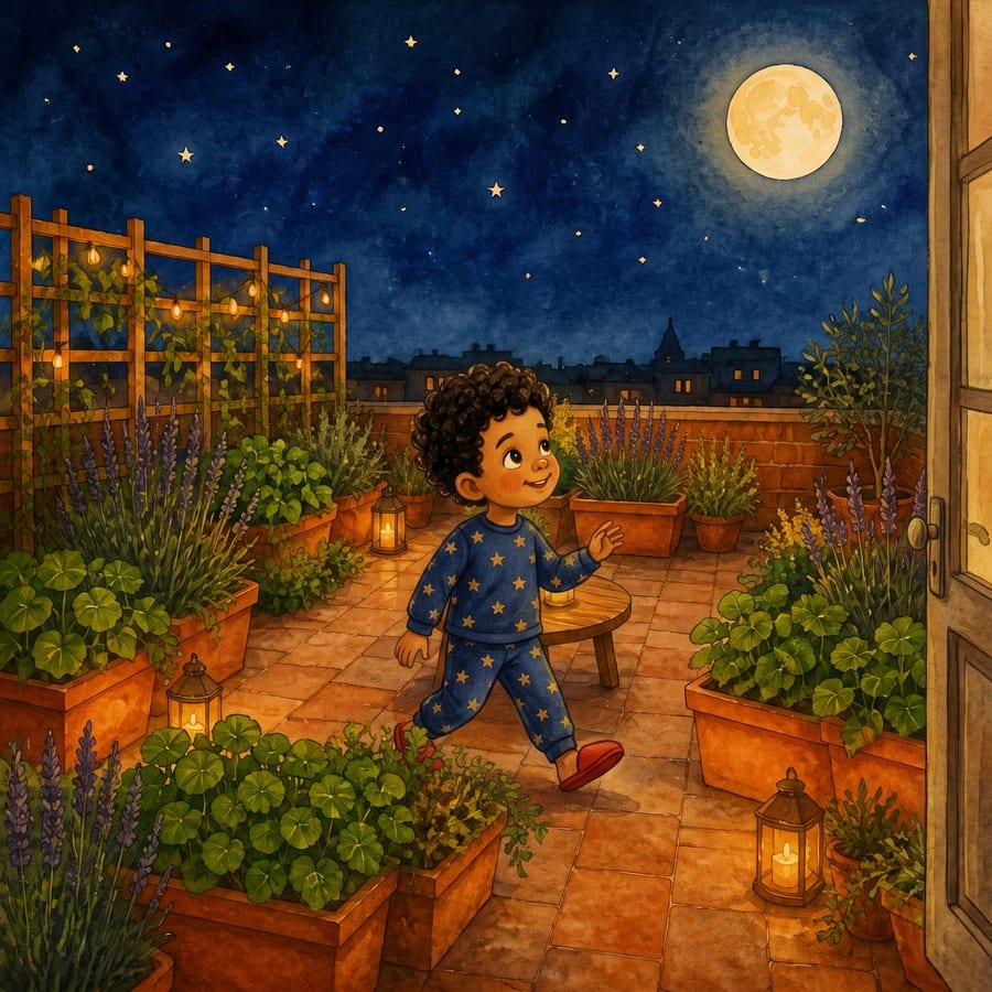 Child gazing up at glowing moon from rooftop garden at night — children's book illustration