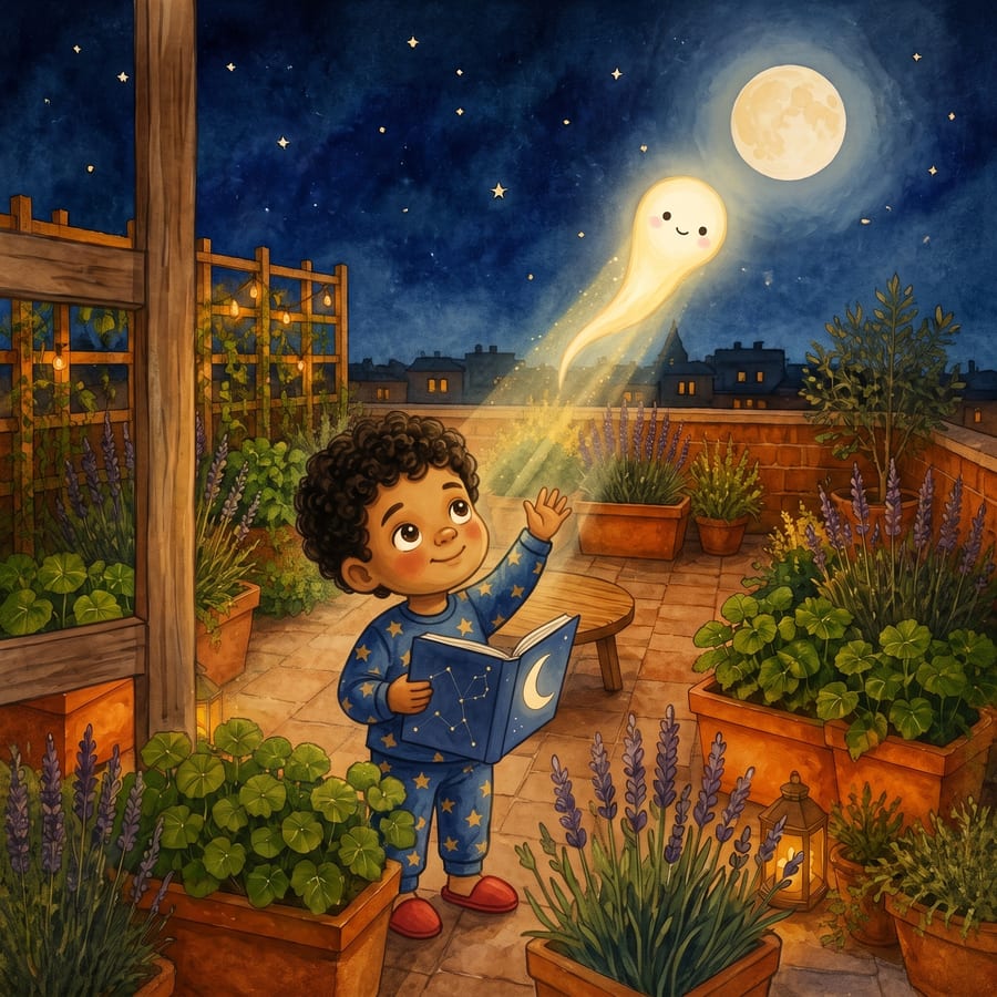 Child waving goodbye as a moonbeam travels up a glowing golden bridge — children's book illustration