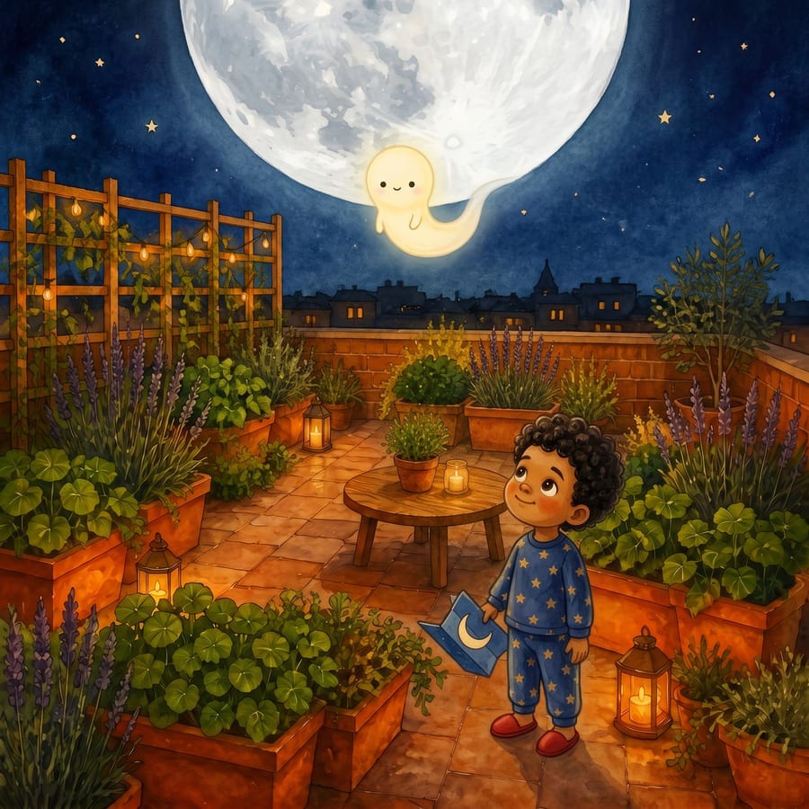 Tiny moonbeam curling into the large glowing moon to sleep — children's book illustration