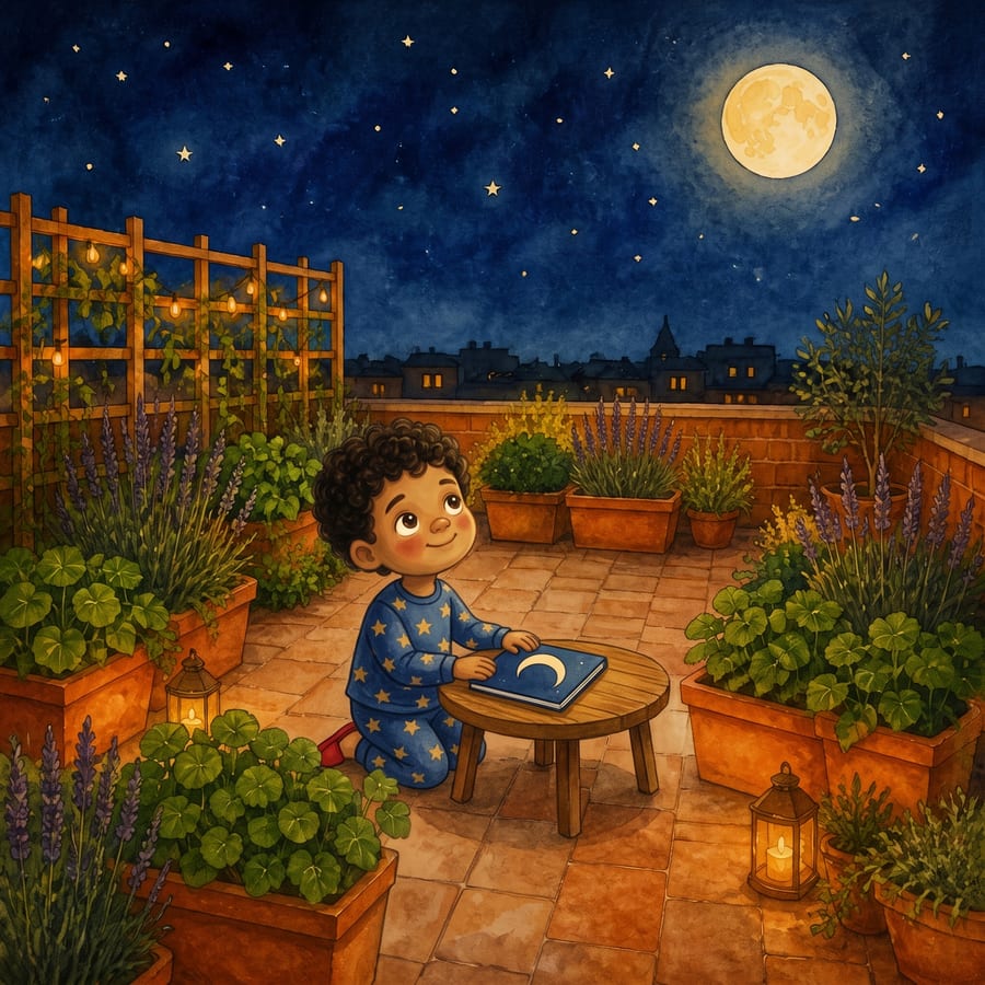 Smiling child closing a star chart in a quiet moonlit rooftop garden — children's book illustration