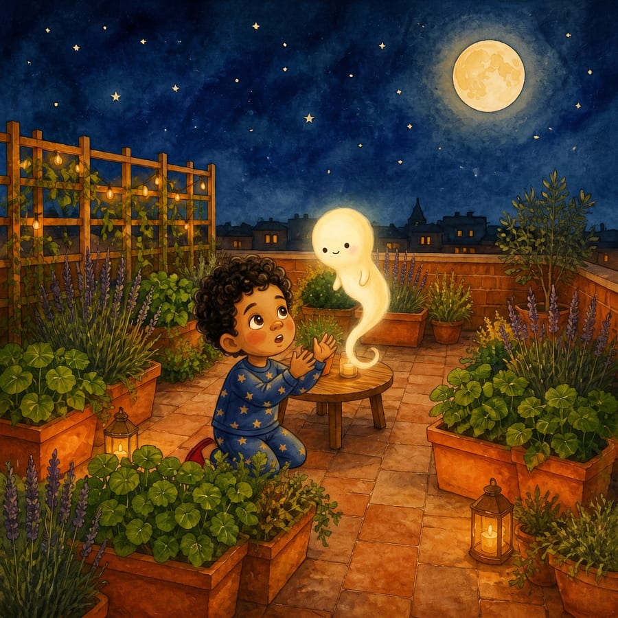 Glowing moonbeam yawning as it lands beside a child on a rooftop — children's book illustration