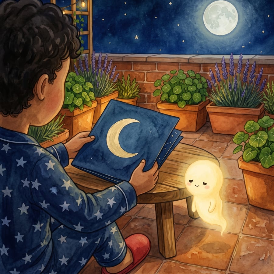 Child unrolling a glowing star chart on a garden table at night — children's book illustration
