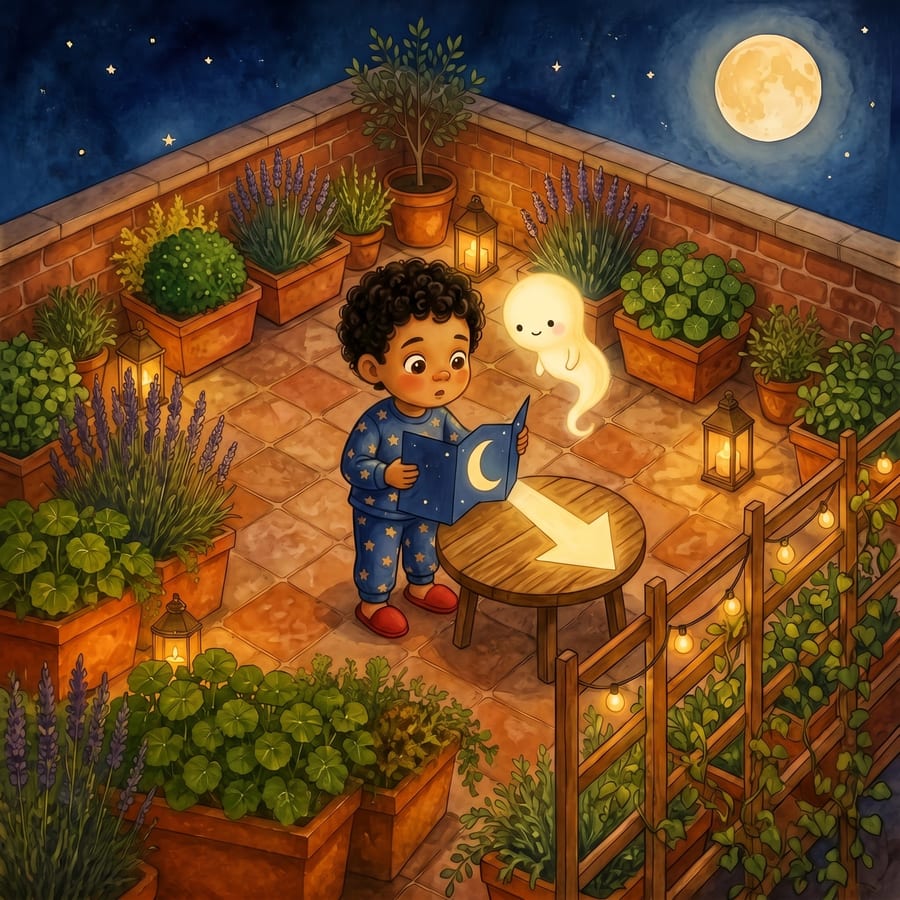 Open star chart with a shining gold path pointing toward a garden trellis — children's book illustration