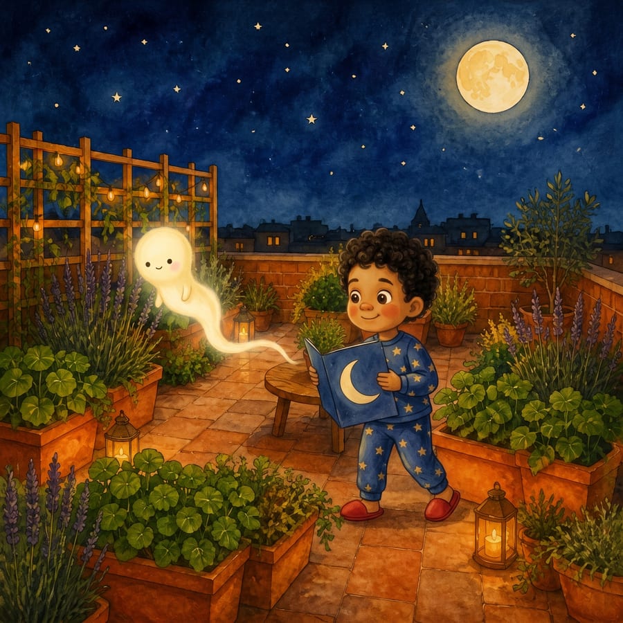 Child following a glowing path while a moonbeam drifts past lavender plants — children's book illustration